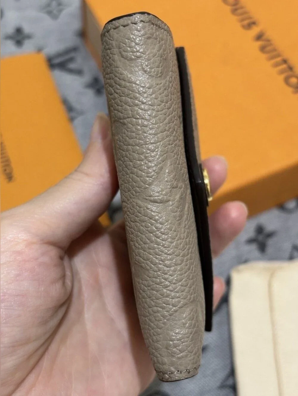Louis Vuitton Taupe Embossed Monogram Compact Wallet with Gold Snap Button